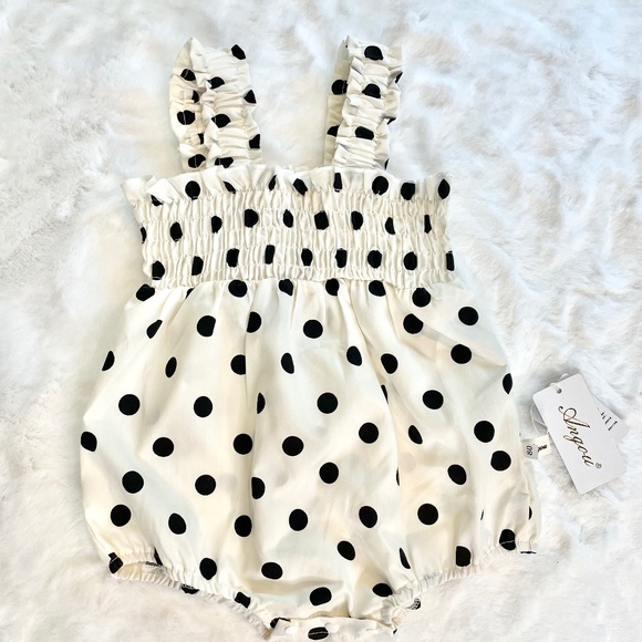 Classy Angou Romper White with Black Polkadots 12-18M - NEW with Tags - Picture 1 of 8